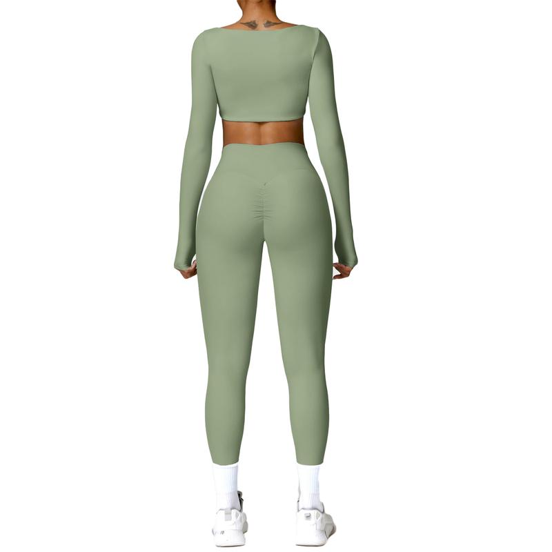 Women's Solid Color Nylon Tracksuits Set - Square Neck Crop Top & Tight Pants for Yoga Work and Gym Outfits