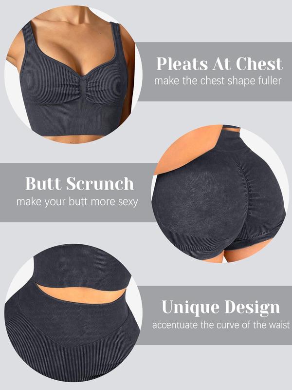 Women Workout Set, Sweetheart Neck Crop Tank Top & Tummy Control High Wasit Butt Scrunch Shorts, Seamless Ribbed Yoga Sets