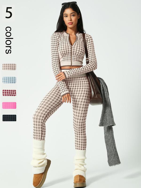 Two-piece Set Women's Houndstooth Print Zip Up Crop Jacket & High Waist Leggings Tracksuit Set, Sporty Breathable Comfy Outfits for Yoga Gym Running, Workout Sets for Women, Women Tracksuits for Fall & Winter