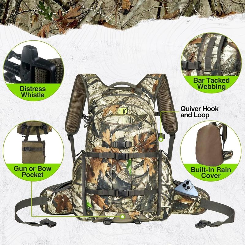 Hunting Backpack, Waterproof Camo Hunting Pack with Rain Cover, Long-Lasting Large Capacity Hunting Day Pack for Rifle Bow Gun (Next Camo G2)