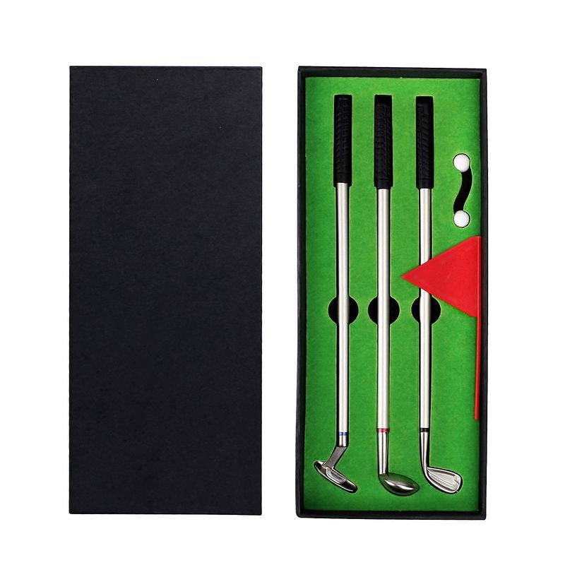 Mini Golf Pen Set, 1 Set Funny Imitation Golf Course Pen Box Gift Set with 3counts Golf Club Pens, Mini Golf Balls,golf Green Box and Flag, Golf Pen Gift Set for Adults Coworkers Men