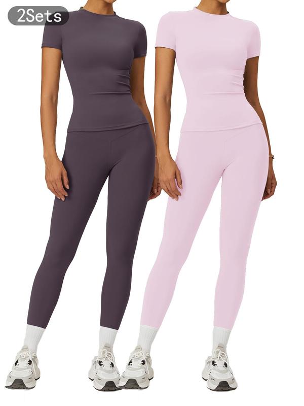 2 Counts Women's Plain Round Neck Crop Tee & High Waist Leggings Tracksuit Set, Sport Breathable Quick Drying Short Sleeve T-Shirt & Skinny Pants Set for Yoga Gym Workout Running, Ladies Sportswear, Fall Clothes, Minimalistic Outfit, Fall Outfits