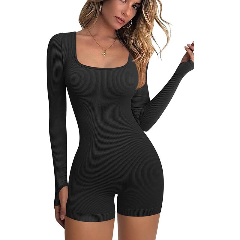 OQQ Women’s Yoga Rompers Workout Ribbed Long Sleeve Square Neck Sport Jumpsuit Romper  Long  Stretchy Long Sleeve Bodysuit Women's