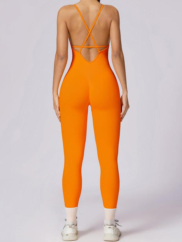 Women's Plain Criss Cross Backless Cut Out Sports Jumpsuit, Sporty Spaghetti Strap Skinny Jumpsuit for Yoga Gym Workout, Ladies 2024 Summer Sportswear, Tummy Control