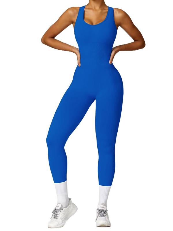 Women's Solid Racer Back Cut Out Sports Jumpsuit, Solid Color Backless High Waist Sports Jumpsuit, Ladies Sportswear for Indoor Outdoor Wear