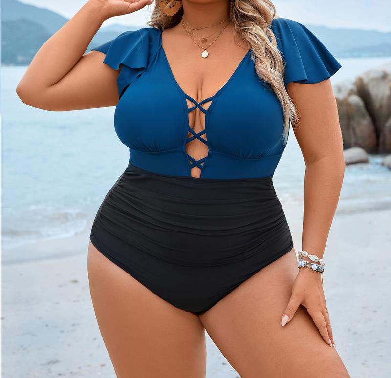 Blooming Jelly Women's Plus Size One Piece Swimsuit Tummy Control Bathing Suit Vintage V Neck Swimwear