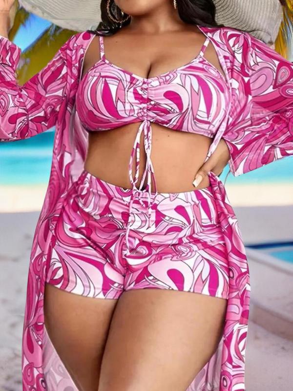 three-piece Set Paisley Print Curve Swimsuit Sets, Boho Ruched Tie Front Swim Top & Swim Shorts & Long Sleeve Open Front Cover Up Set, Korean Swimming Suit, Bathing Suits 2024 for Women, Plus Size Swimsuits 2024