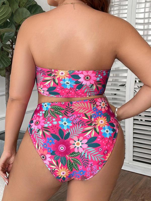 Plus Size Floral Print Backless Bandeau Swim Bra & Swim Panty Bikini Set, Vacation Clothes, Boho Fashion Casual Swimwear Set for Beach Holiday Vacation, Back-to-School Clothing, Women's Swimsuit for Summer