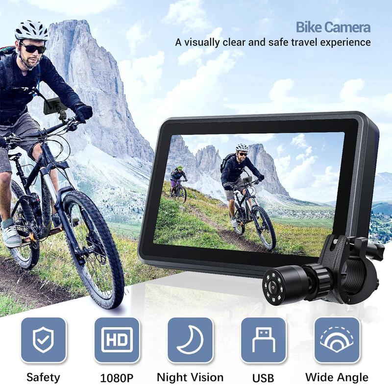 Bike camera, Handlebar Bicycle Rear View camera with 4.3'' HD Night Vision Function, 145° Wide Angle View, Adjustable Rotatable Bracket, Compatible with Bicycle, Mountain, Road Bike