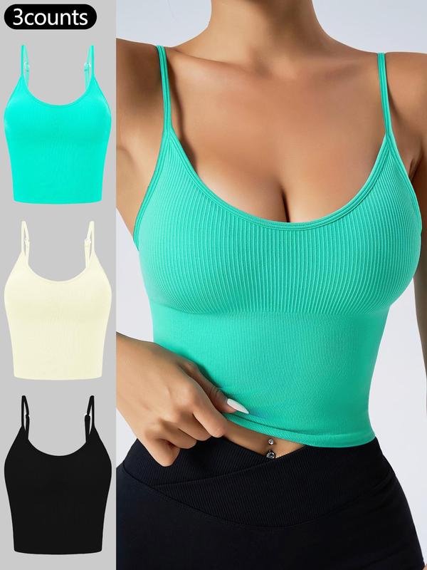 Sporty Women's Adjustable Strap Ribbed Sports Bra, Gym Clothing, Sport High Stretch Built-in Bra Cami Top, Gym Wear, Workout Clothes, Ladies Sportswear for Workout Running Cycling