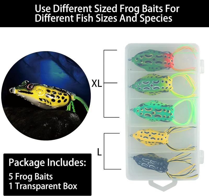 5Pcs Topwater Frog Lures Set with Bait Box - Weedless Soft Bait for Bass and Snakehead - Realistic Fishing Crankbait Lures