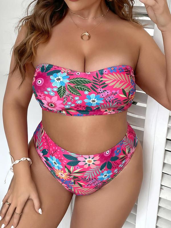 Plus Size Floral Print Backless Bandeau Swim Bra & Swim Panty Bikini Set, Vacation Clothes, Boho Fashion Casual Swimwear Set for Beach Holiday Vacation, Back-to-School Clothing, Women's Swimsuit for Summer