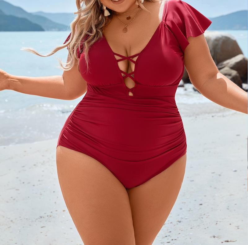 Blooming Jelly Women's Plus Size One Piece Swimsuit Tummy Control Bathing Suit Vintage V Neck Swimwear