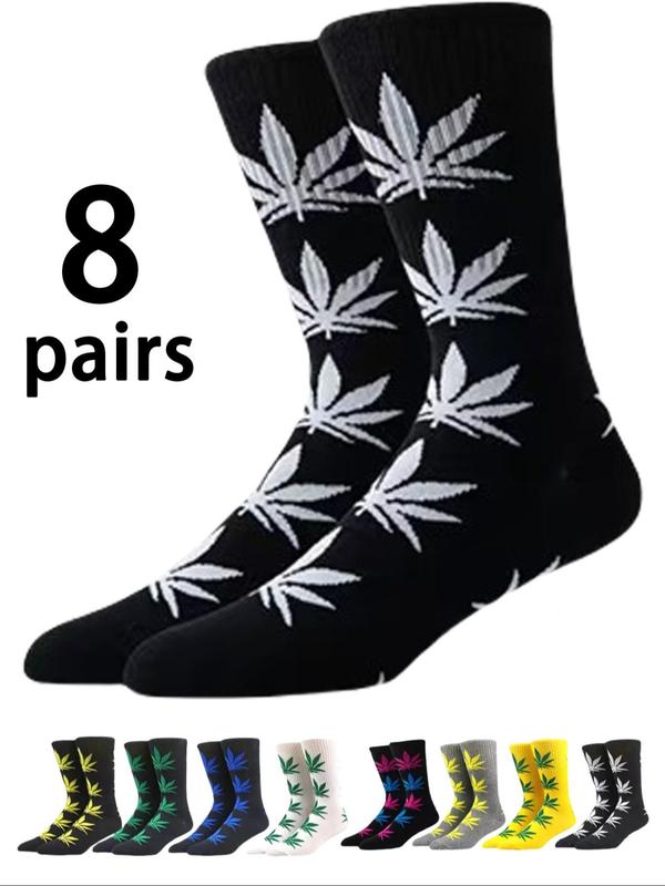 Sporty Men's Leaf Print Sports Crew Socks, Soft Comfortable Breathable Athletic Socks for Men, Sports Socks for Basketball, Football, Running