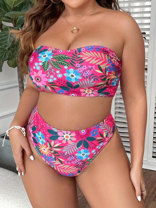 Plus Size Floral Print Backless Bandeau Swim Bra & Swim Panty Bikini Set, Vacation Clothes, Boho Fashion Casual Swimwear Set for Beach Holiday Vacation, Back-to-School Clothing, Women's Swimsuit for Summer