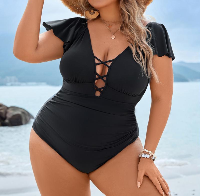 Blooming Jelly Women's Plus Size One Piece Swimsuit Tummy Control Bathing Suit Vintage V Neck Swimwear