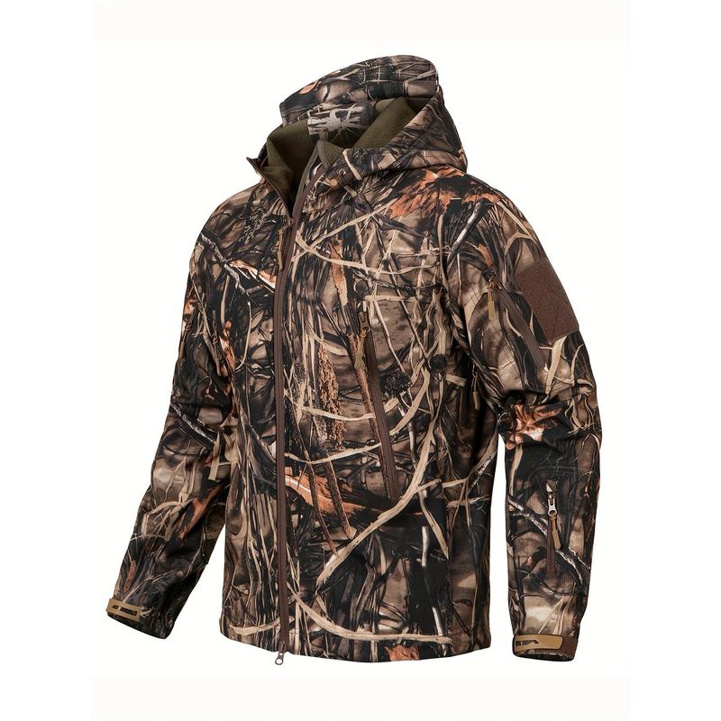 1pc Men'S Tactical Camouflage Hunting Jacket - Water-Resistant, Warm Fleece-Lined, Soft Shell Outdoor Hoodie Coat with Pockets, Zippered, Regular Fit, Polyester & Spandex, Winter Sports Gear