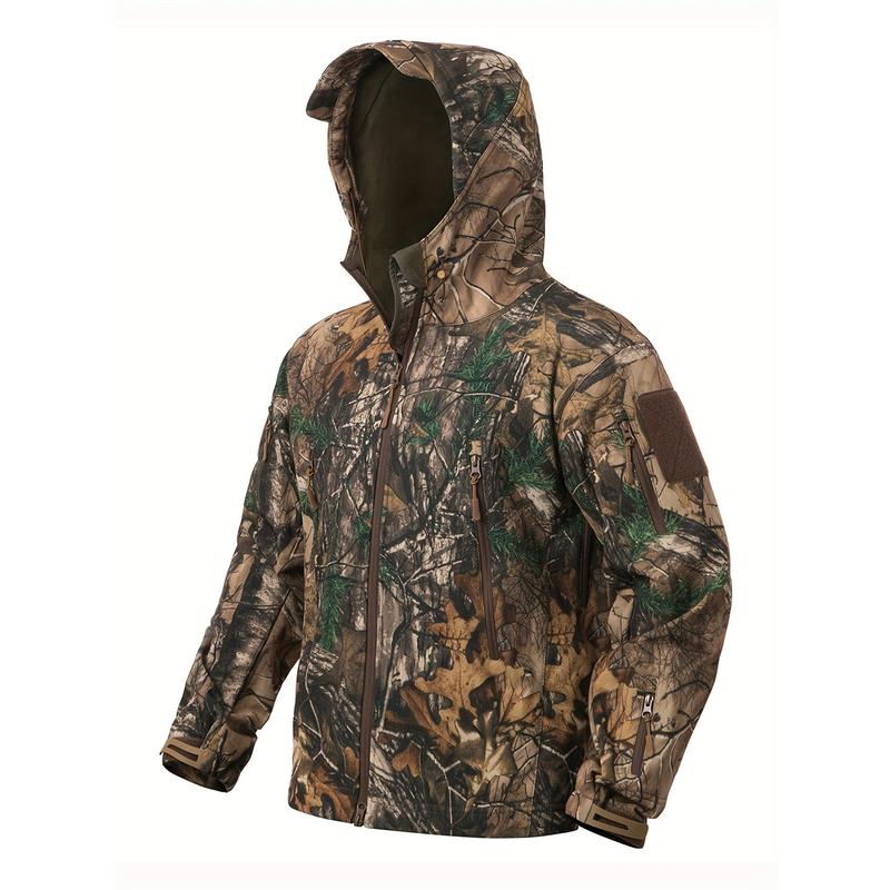 1pc Men'S Tactical Camouflage Hunting Jacket - Water-Resistant, Warm Fleece-Lined, Soft Shell Outdoor Hoodie Coat with Pockets, Zippered, Regular Fit, Polyester & Spandex, Winter Sports Gear