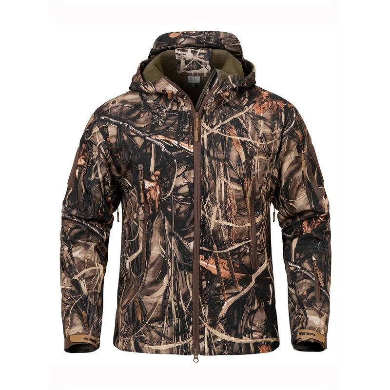 1pc Men'S Tactical Camouflage Hunting Jacket - Water-Resistant, Warm Fleece-Lined, Soft Shell Outdoor Hoodie Coat with Pockets, Zippered, Regular Fit, Polyester & Spandex, Winter Sports Gear