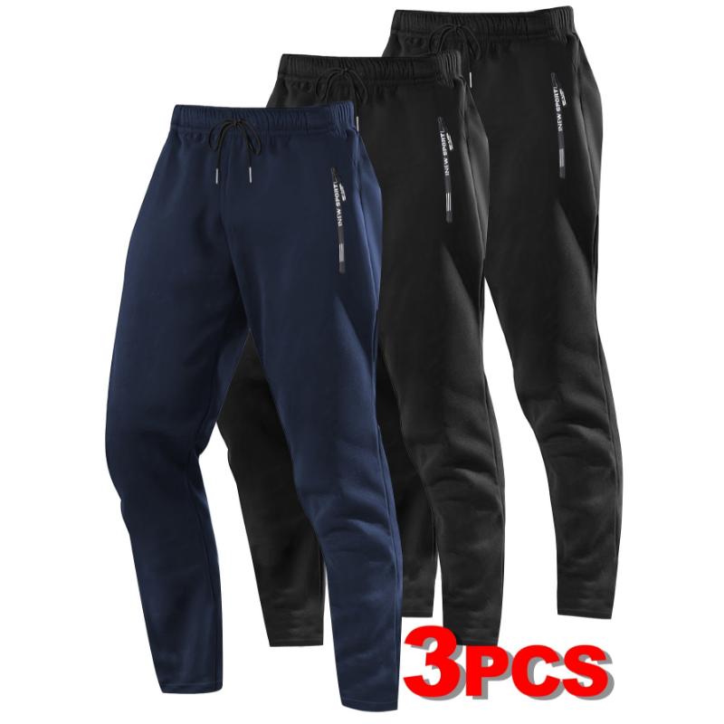 3pcs Men's Athletic Joggers with Zipper Pockets & Drawstring Waist - Solid Color, Stretch Fabric for All Seasons Fitness & Casual Wear