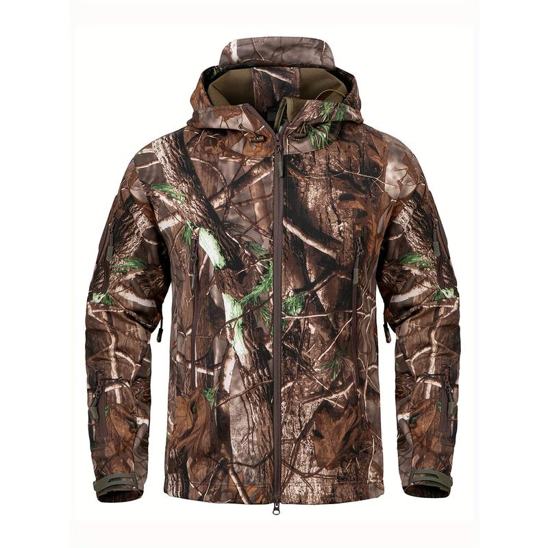 1pc Men'S Tactical Camouflage Hunting Jacket - Water-Resistant, Warm Fleece-Lined, Soft Shell Outdoor Hoodie Coat with Pockets, Zippered, Regular Fit, Polyester & Spandex, Winter Sports Gear