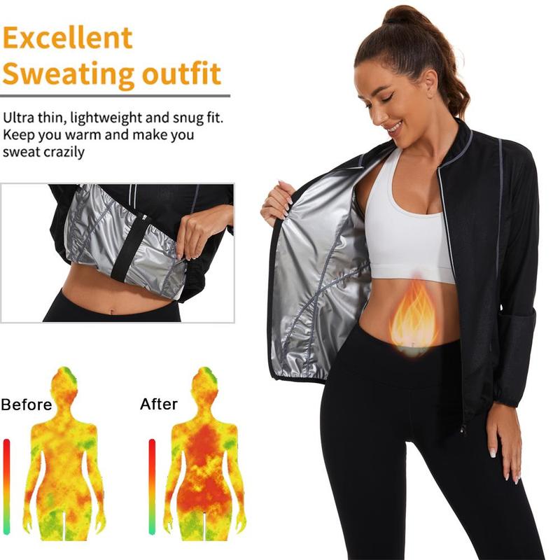 Women's Sauna blazer with Sweat-Maximizing Material, Front Zip for Convenience, Precise Stitching, Flexible Cuffs and Neck, and Daring Grey Stripes for a Dynamic, Comfortable, and Effective Workout Session,Elevate Your Fitness