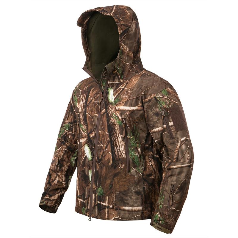 1pc Men'S Tactical Camouflage Hunting Jacket - Water-Resistant, Warm Fleece-Lined, Soft Shell Outdoor Hoodie Coat with Pockets, Zippered, Regular Fit, Polyester & Spandex, Winter Sports Gear