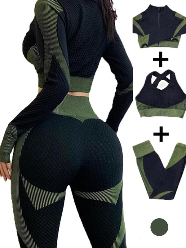 Three-Piece Set Women's Colorblock Zip Up Crop Jacket & High Waist Leggings & Crop Tank Top Tracksuit Set, Sporty Breathable Comfy Outfits for Yoga Gym Workout Running, Women Tracksuits for Fall & Winter