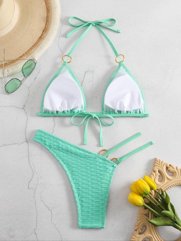 Two-Piece Set Women's Plain Halter Triangle Swimsuit Top & Cut Out Ring Linked Swim Bottom Set, Summer Beach Holiday Swimwear, Women's Swimsuit