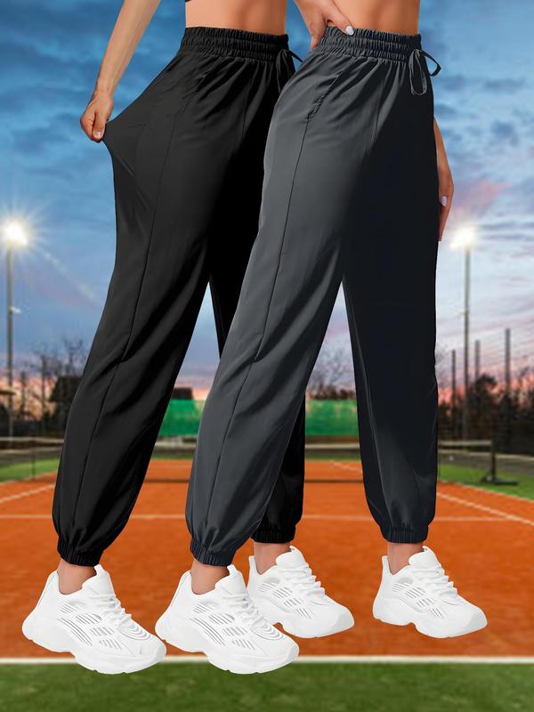 Women's Solid Pocket Drawstring Waist Sports Pants, Casual Elastic High Waist Jogger Pants for Outdoor Tennis, Ladies Sportswear for All Seasons