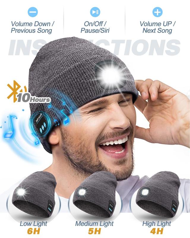 Bluetooth Beanie with LED Headlight and Removable Speakers, USB Rechargeable Knit warm winter Hat balaclava Hat for Music and Calling, sport,outdoor,Unisex Christmas Birthday Gift