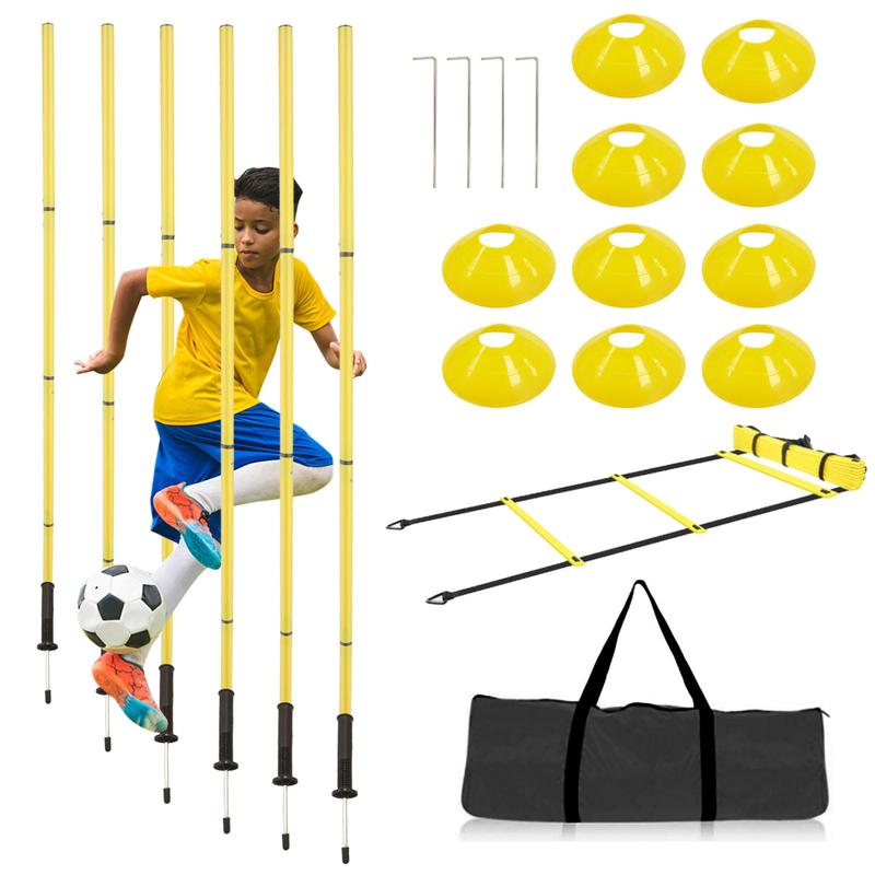 Agility Training Pole Set Soccer Training Equipment Includes 6 Spring Soccer Plug-in Type Dribbling Pole, Agility Ladder, 10 Soccer Cones for Speed Training, Soccer Training, Basketball Athletes