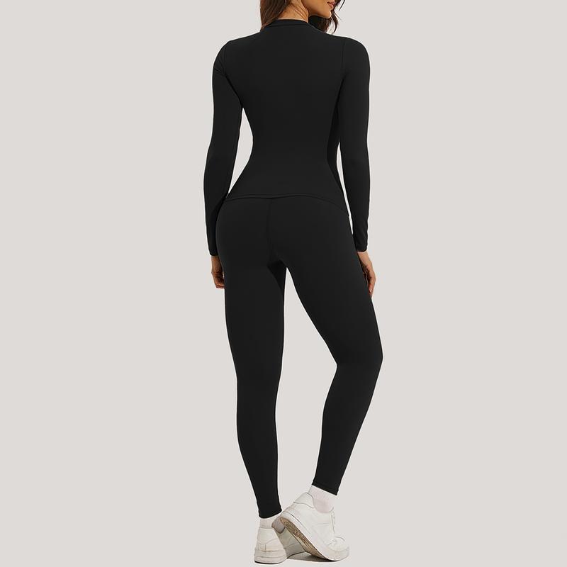 Women's Slimming Yoga Set with Long Sleeve Crew Neck Top and High Waisted Leggings for Gym Exercise - Medium Stretch Nylon and Elastane Fabric