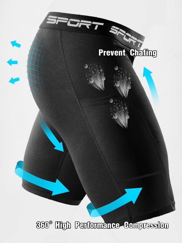 Men's Solid Pocket Design Compression Sports Shorts, Quick Drying Breathable Comfortable Shorts, Men's Sportswear for Gym Workout Running Cycling