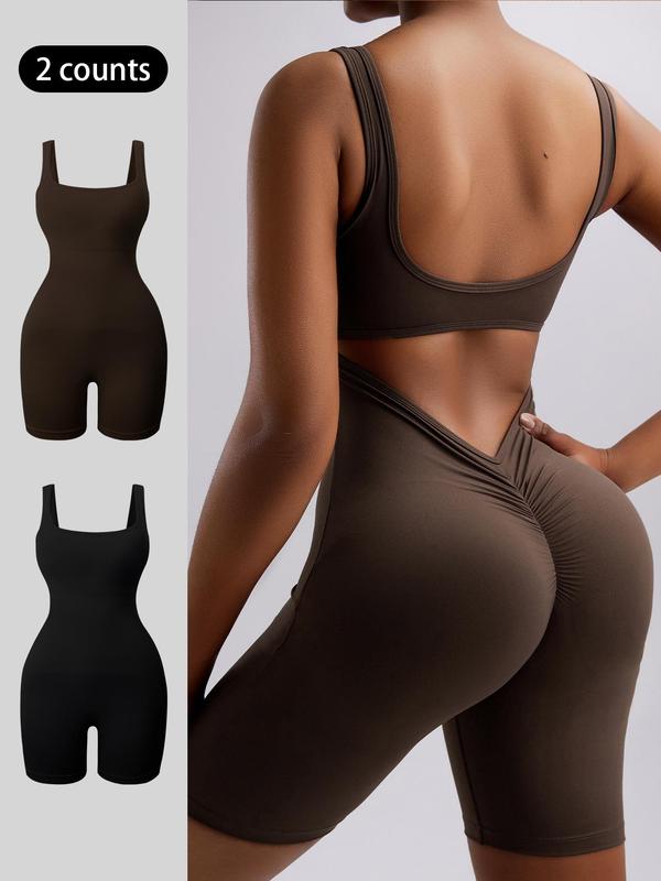 Women's Solid Cut Out Sports Tank Romper, Sporty Square Neck Backless Skinny Romper for Yoga Gym Workout Running, Rompers for Women, Ladies Sportswear for All Seasons, Fall Outfits, Earthtone Fallfreshness