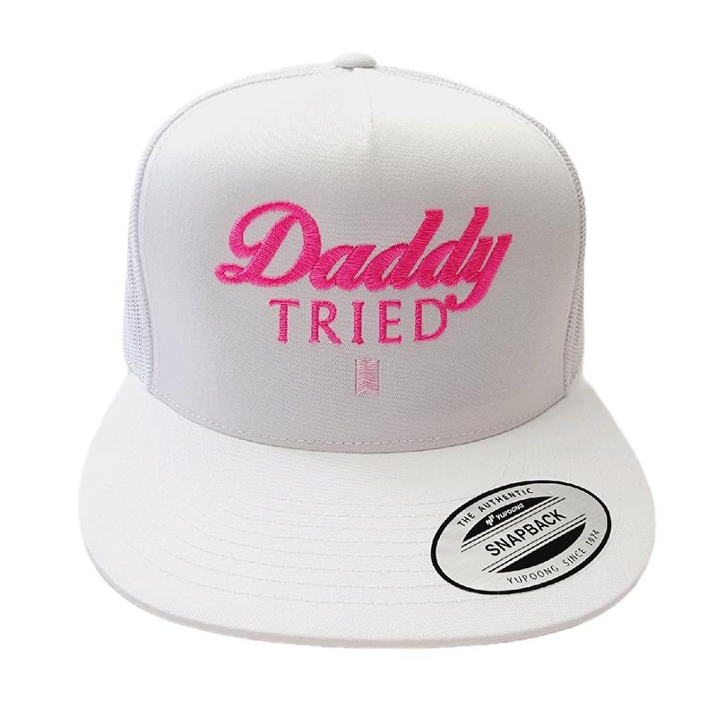 Daddy Tried Mesh Snapback Embroidered Flat Bill Trucker Hat White