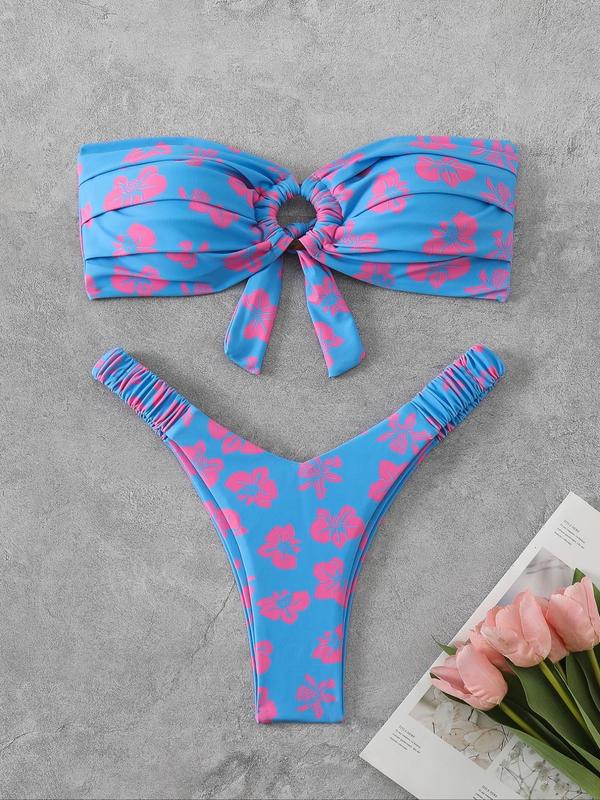 Women's Floral Print Strapless Bikini Set, Casual O-ring Knot Bikini Top & High Cut Swim Bottom, Two-piece Swimsuit for Summer Beach Holiday Vacation