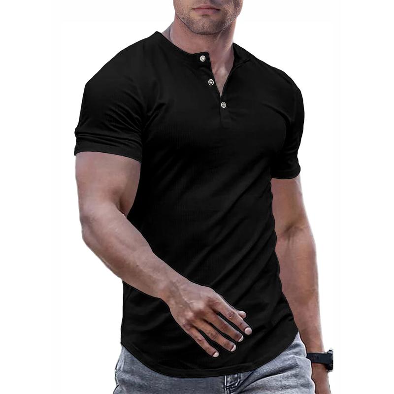 TUREFACE Mens Muscle Slim Henley Shirts Crewneck Longline T-Shirt Gym Workout Athletic Shirt Tees with Button