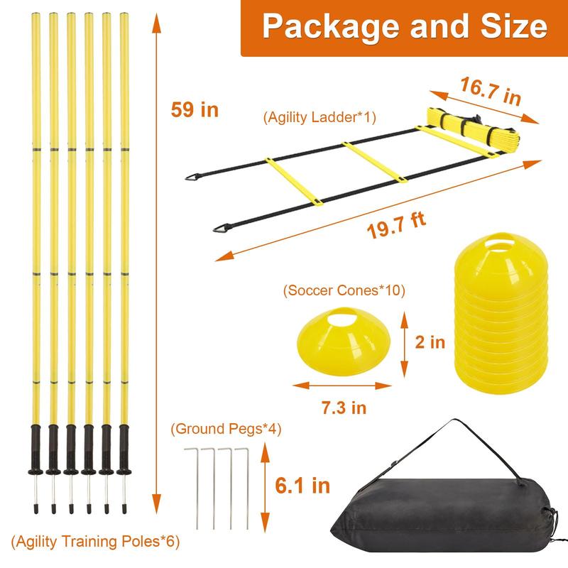 Agility Training Pole Set Soccer Training Equipment Includes 6 Spring Soccer Plug-in Type Dribbling Pole, Agility Ladder, 10 Soccer Cones for Speed Training, Soccer Training, Basketball Athletes
