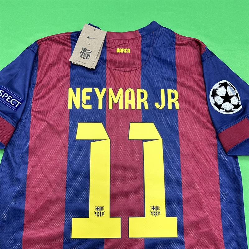 Nike 1415 Season Barcelona Home Champions League Final Short Sleeve Top Neymar Jr. No.11 Retro Soccer Jerseys Quick Drying