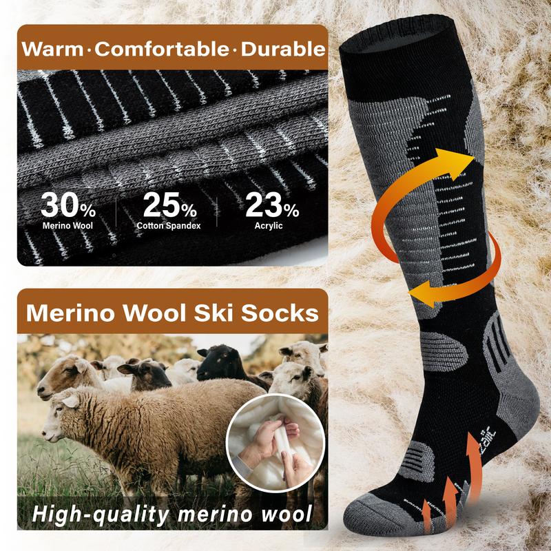 Merino Wool Ski Socks Mens Womens 2 Pairs for Skiing, Snowboarding, Thermal Knee High Winter Warm Sports Performance Socks Breathable Comfortable