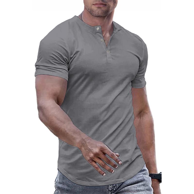 TUREFACE Mens Muscle Slim Henley Shirts Crewneck Longline T-Shirt Gym Workout Athletic Shirt Tees with Button