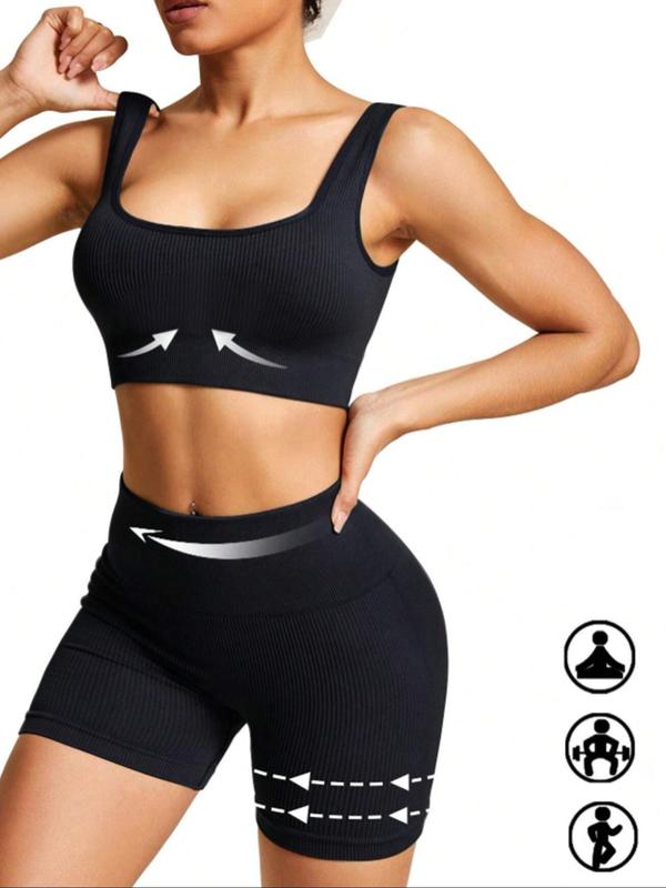 Sporty Women's Solid Color Square Neck Crop Tank Top & High Waist Shorts Tracksuit Set, Breathable Comfortable Sports Outfits for Yoga Gym Workout Running, Ladies Sportswear for All Seasons