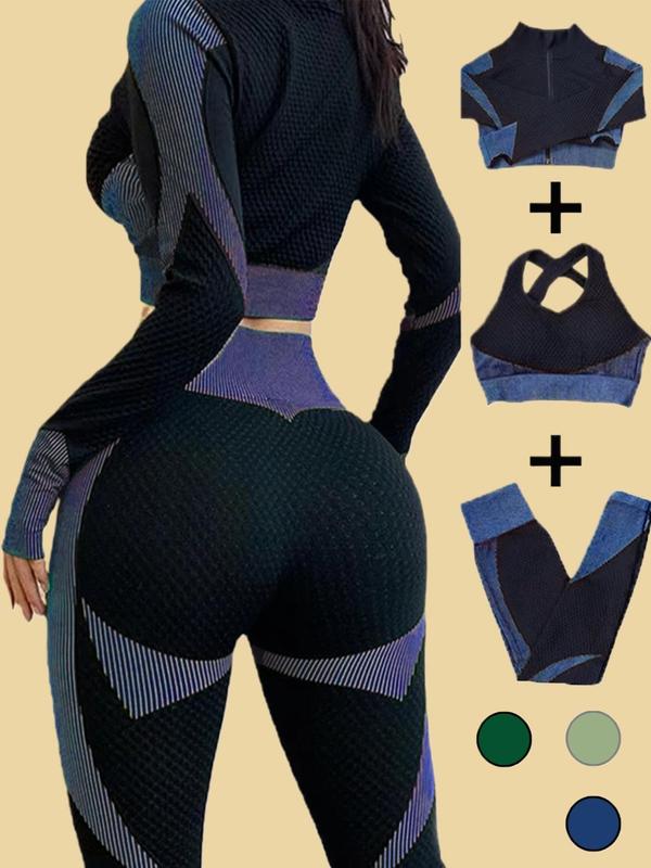 Three-Piece Set Women's Colorblock Zip Up Crop Jacket & High Waist Leggings & Crop Tank Top Tracksuit Set, Sporty Breathable Comfy Outfits for Yoga Gym Workout Running, Women Tracksuits for Fall & Winter