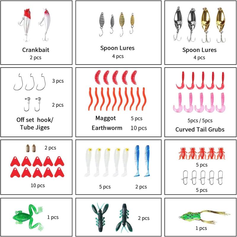 Fishing Lures Kit Set with Spoon Lures, Soft Plastic Worms, Frog Lures, and Spinnerbait for Bass