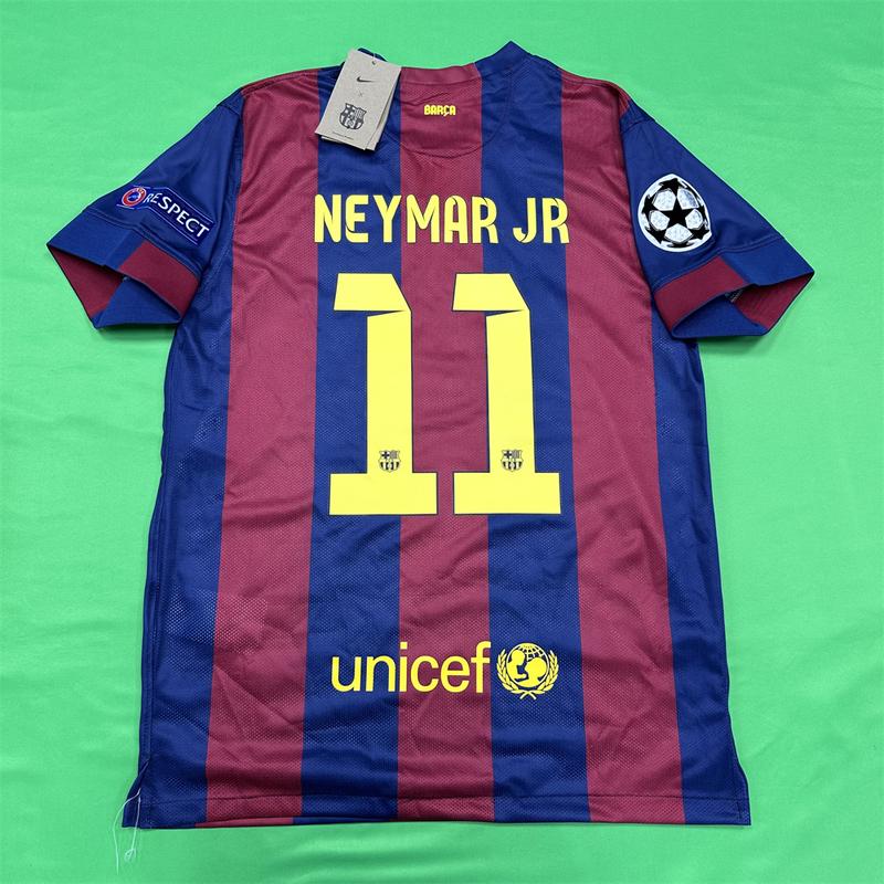 Nike 1415 Season Barcelona Home Champions League Final Short Sleeve Top Neymar Jr. No.11 Retro Soccer Jerseys Quick Drying