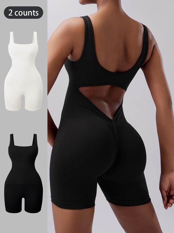 Women's Solid Cut Out Sports Tank Romper, Sporty Square Neck Backless Skinny Romper for Yoga Gym Workout Running, Rompers for Women, Ladies Sportswear for All Seasons, Fall Outfits, Earthtone Fallfreshness