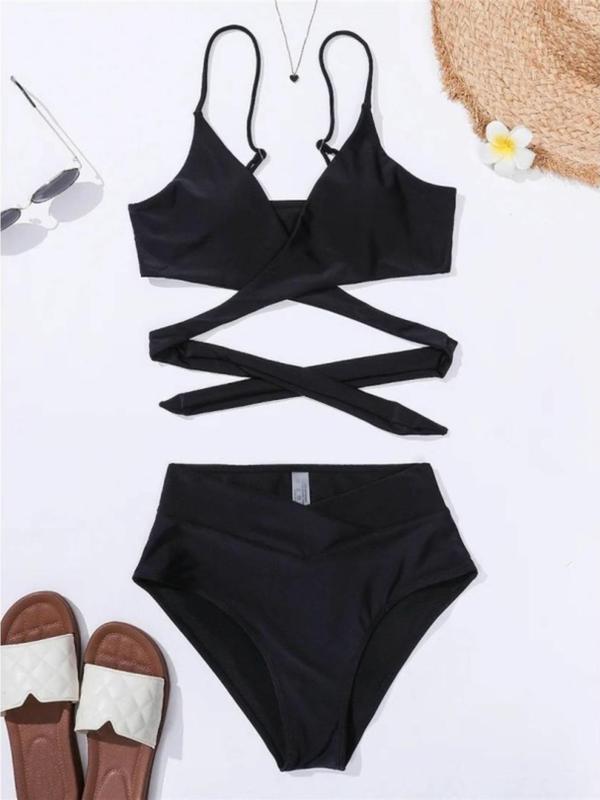 Women's Criss Cross Wrap Bikini Set, Casual Tie Back Triangle Swim Top & High Waist Swim Bottom, Bathing Suits Women, Ladies Summer Swimsuit for Beach Holiday Vacation