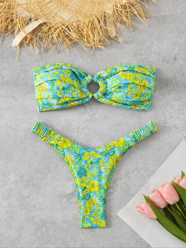 Women's Floral Print Strapless Bikini Set, Casual O-ring Knot Bikini Top & High Cut Swim Bottom, Two-piece Swimsuit for Summer Beach Holiday Vacation