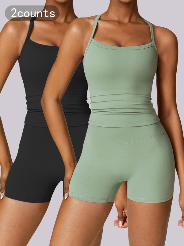 Women's Solid Color Backless Cami Top & High Waist Shorts Tracksuit Set, Sporty Breathable Comfortable Outfits for Yoga Gym Workout Running, Ladies Sportswear for All Seasons, Fall Outfits